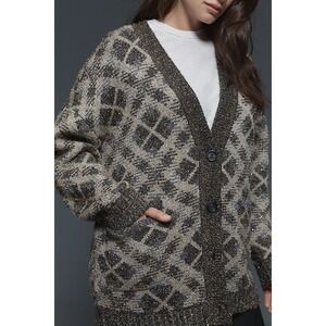 Maeve Anthropologie Sparkle V neck Argyle Cardigan Sweater Grey Gold Medium NEW